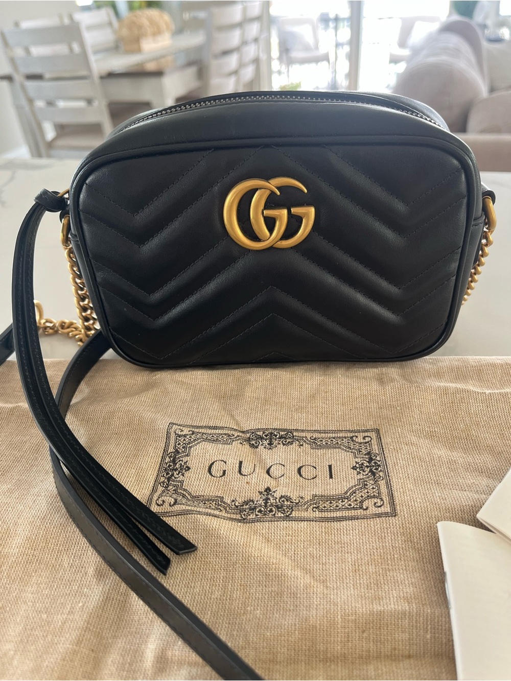 Gucci GG Marmont Mini Camera Bag Black Chevron Matelassé Leather with Gold Chain